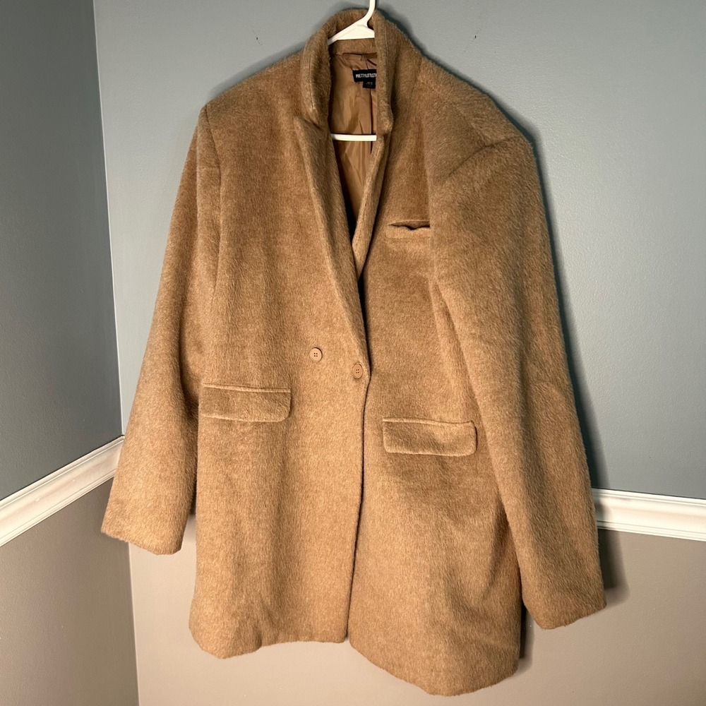 PrettyLittleThing Camel Fuzzy Double Breasted Overcoat Jacket Size US 10 L